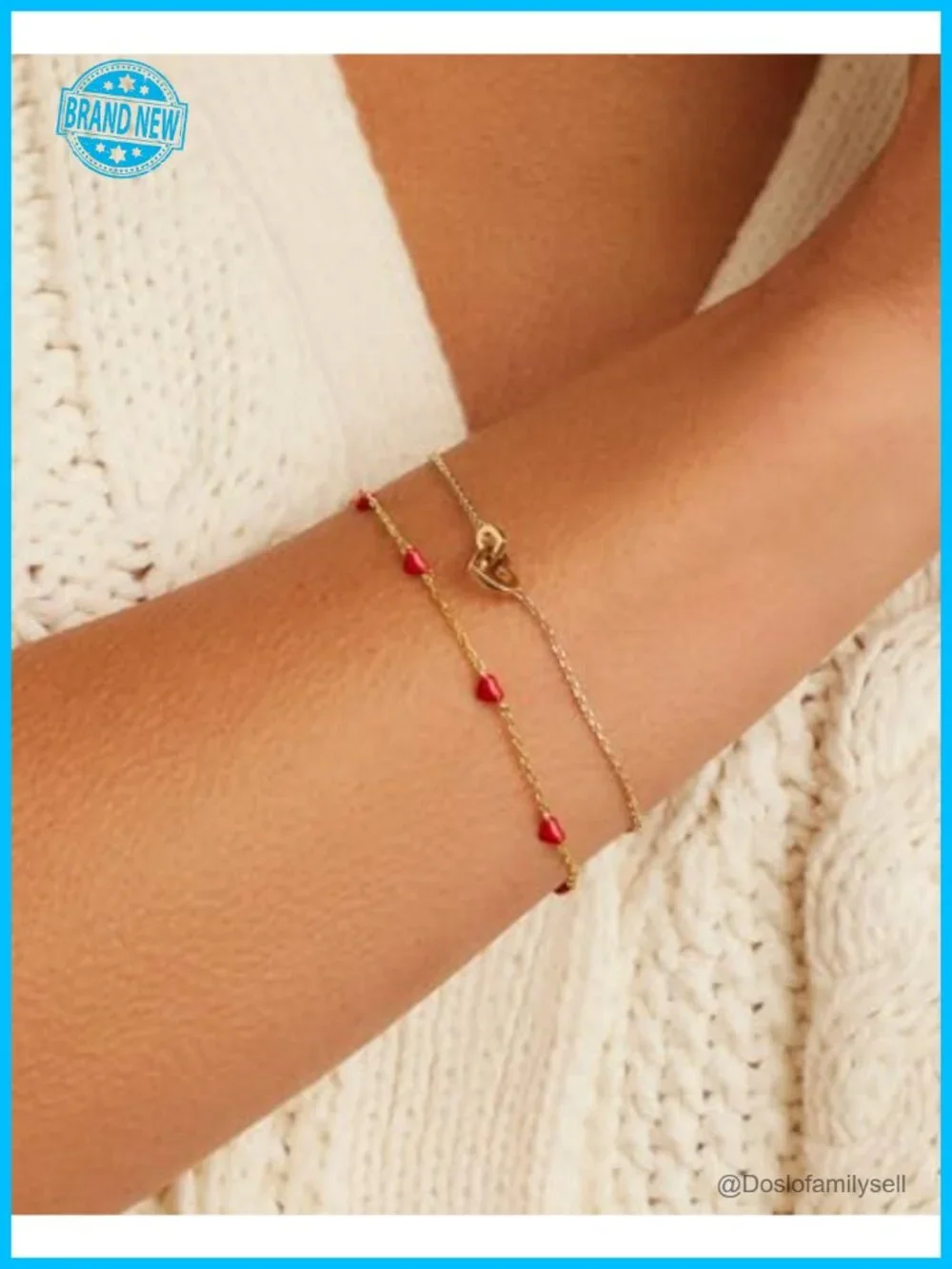 18k Gold Plated Brass Link Bracelet with Red Enamel Hearts - Adjustable 6.5-7
